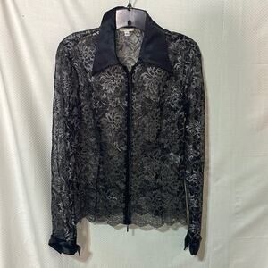 Cache M black lace silver accents shear front zip jacket unlined worn once euc